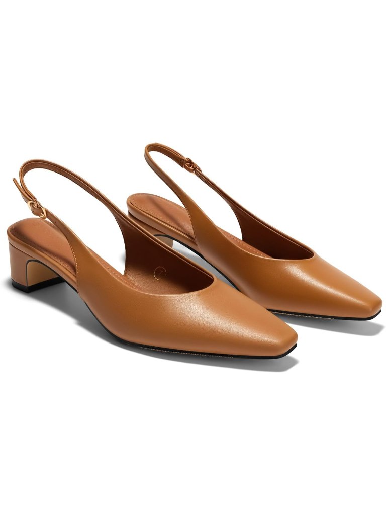 Women's Brown Chunky Low Heels Slingback Pumps Closed Square-Pointed Toe Work